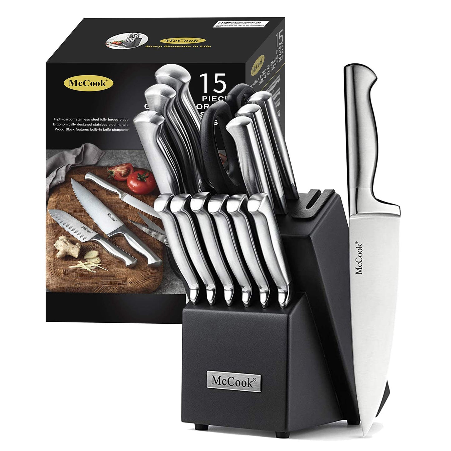 German Stainless Steel Kitchen Knife Set with Block and Built-In Sharpener