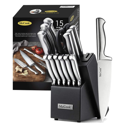German Stainless Steel Kitchen Knife Set with Block and Built-In Sharpener