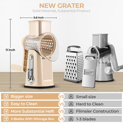Rotary Cheese Grater with 5 Blades and Suction Base for Food Prep