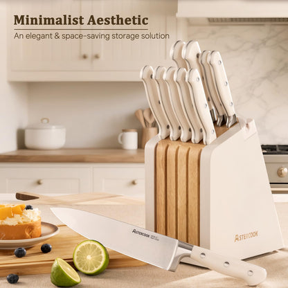 Kitchen Knife Set with Block, Full Tang Stainless Steel Knives & Sharpener