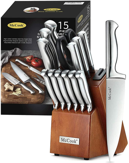German Stainless Steel Kitchen Knife Set with Block and Built-In Sharpener