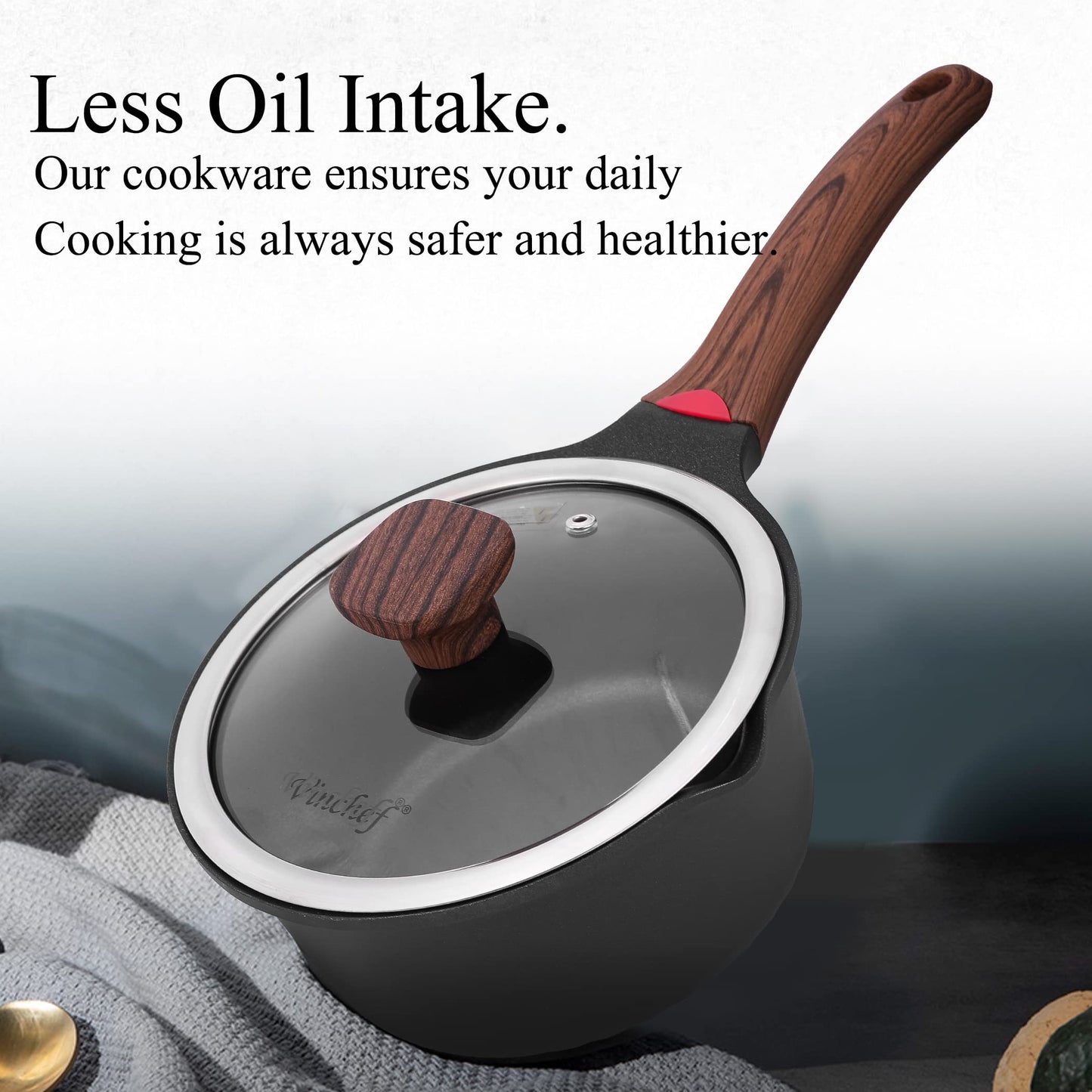 Ceramic Nonstick Saucepan with Lid and Stay-Cool Handle for All Stovetops