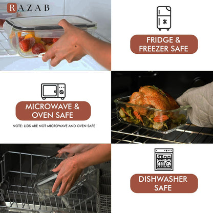 Razab 4 PC 1860ml / 63 Oz / 8 Cups Large Glass Food Storage Containers with Lids - Glass Meal Prep Containers for Roasting & Storing Leftover, Lunch Container with Lids, Microwave & Oven Safe