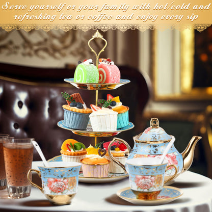 21-Piece Porcelain Tea Set with Teapot, Cups & Cake Stand for Entertaining