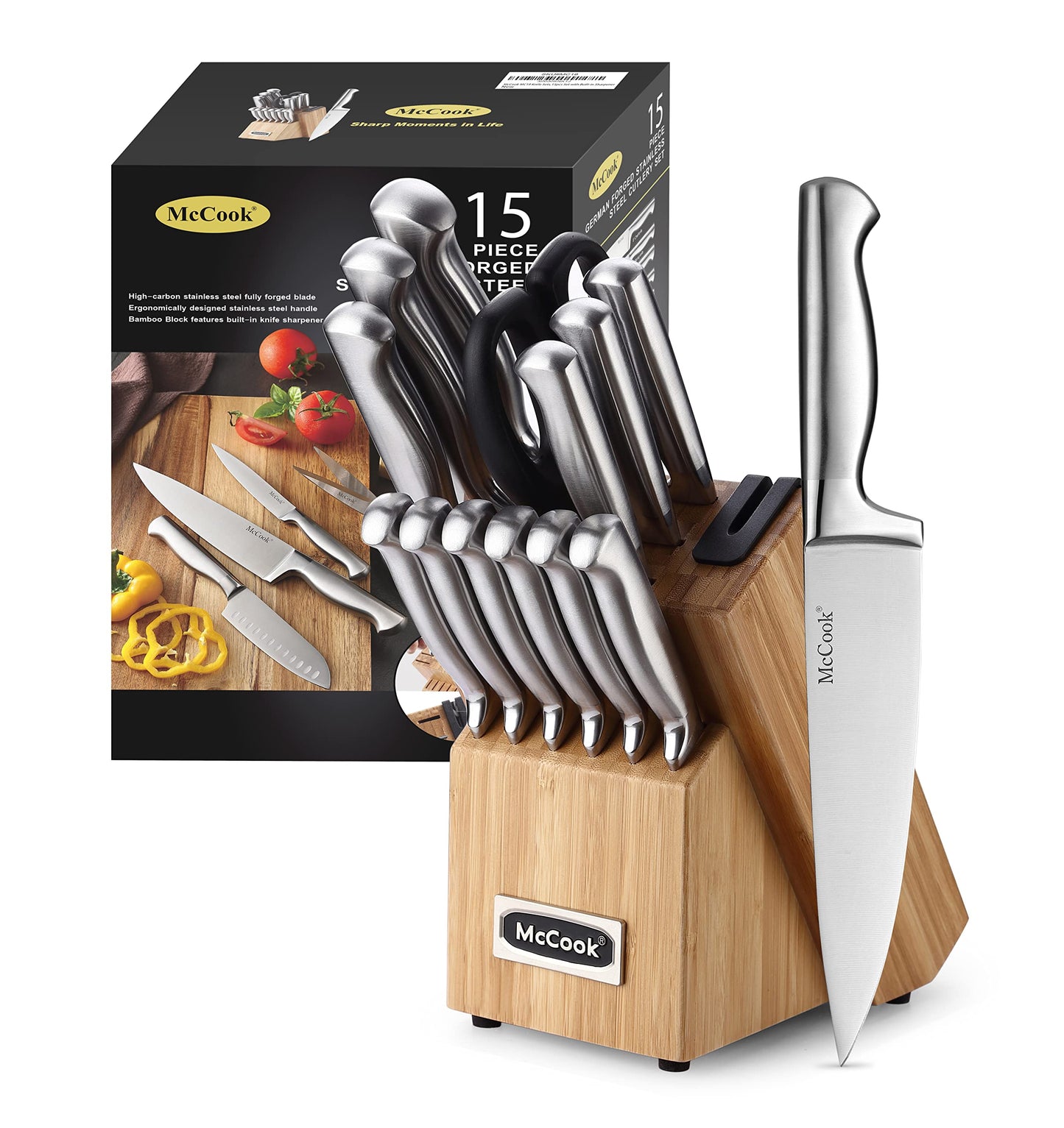 German Stainless Steel Kitchen Knife Set with Block and Built-In Sharpener