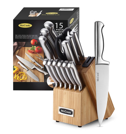German Stainless Steel Kitchen Knife Set with Block and Built-In Sharpener