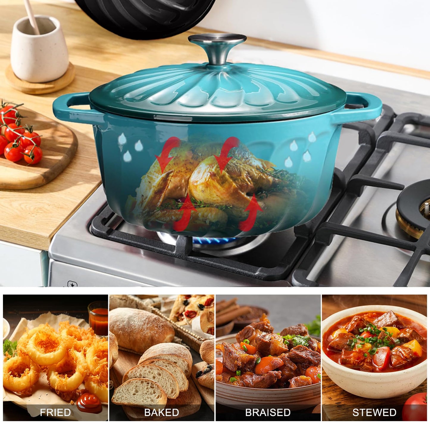 Enameled Cast Iron Dutch Oven with Lid and Dual Handles for Cooking