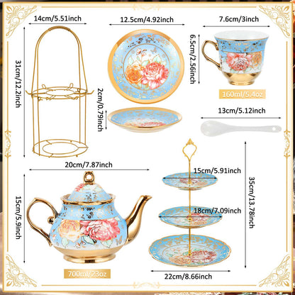 21-Piece Porcelain Tea Set with Teapot, Cups & Cake Stand for Entertaining