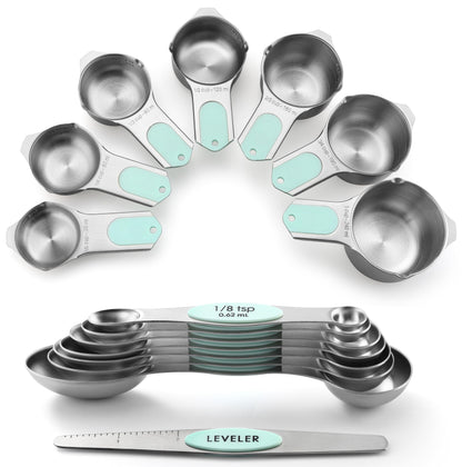 Stainless Steel Measuring Cups & Spoons Set with Magnetic Handles for Cooking