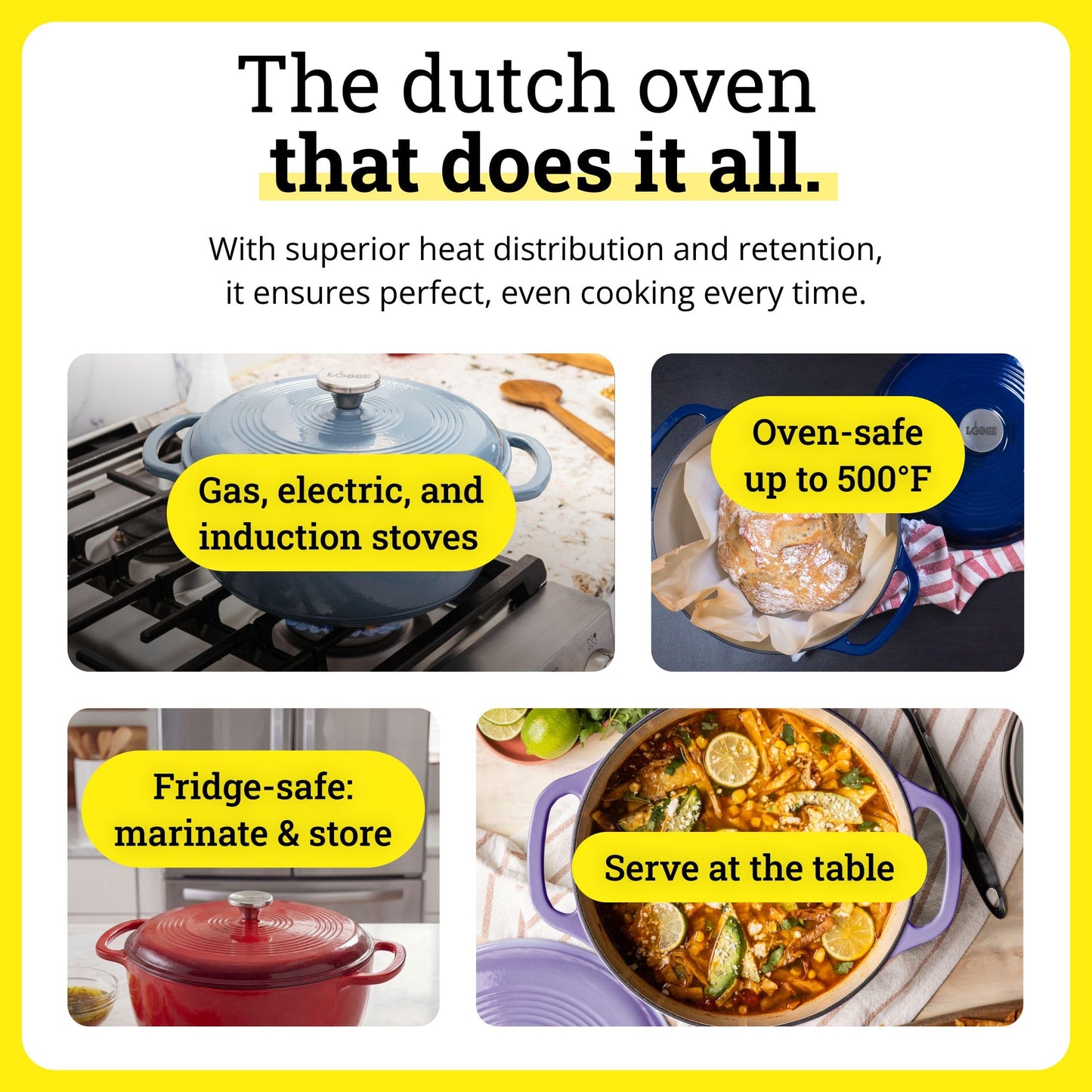 6-Quart Enamel Cast Iron Dutch Oven with Moisture-Sealing Lid for Cooking