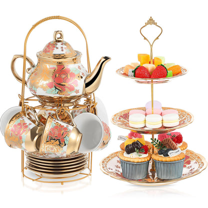 21-Piece Porcelain Tea Set with Teapot, Cups & Cake Stand for Entertaining