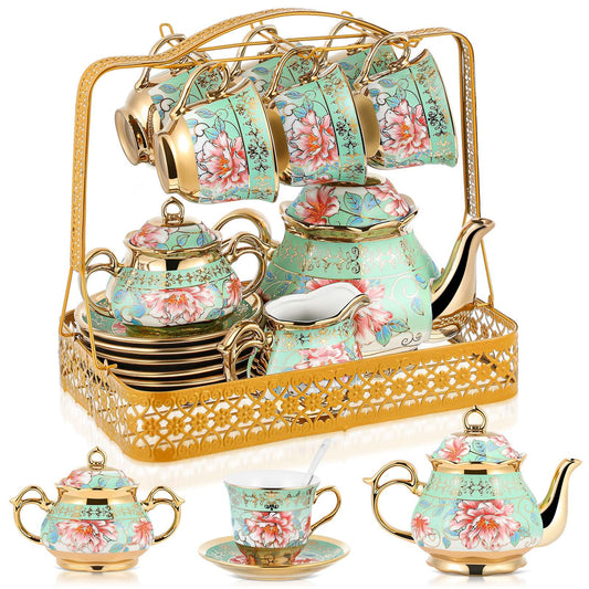 22-Piece Porcelain Tea Set with Teapot, Cups & Metal Holder for Entertaining