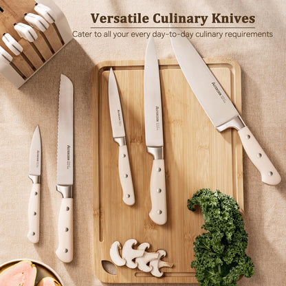 Kitchen Knife Set with Block, Full Tang Stainless Steel Knives & Sharpener