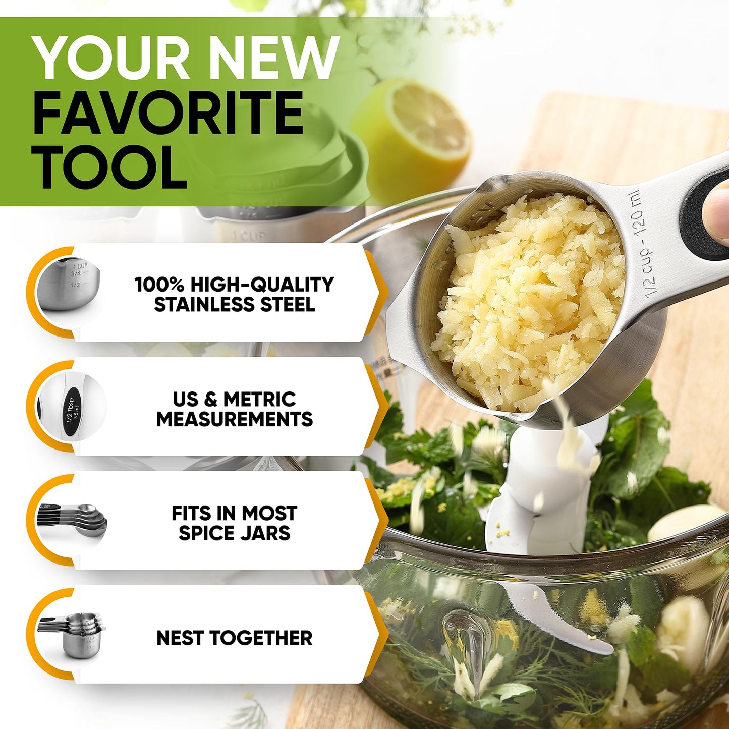 Stainless Steel Measuring Cups & Spoons Set with Magnetic Handles for Cooking