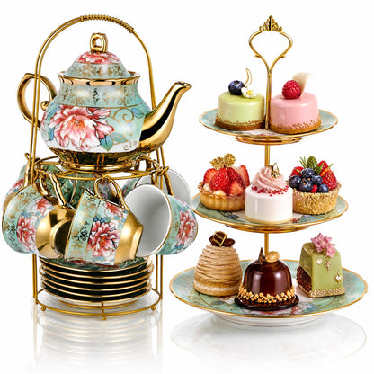 21-Piece Porcelain Tea Set with Teapot, Cups & Cake Stand for Entertaining