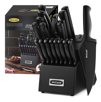 German Stainless Steel Kitchen Knife Set with Block and Built-In Sharpener