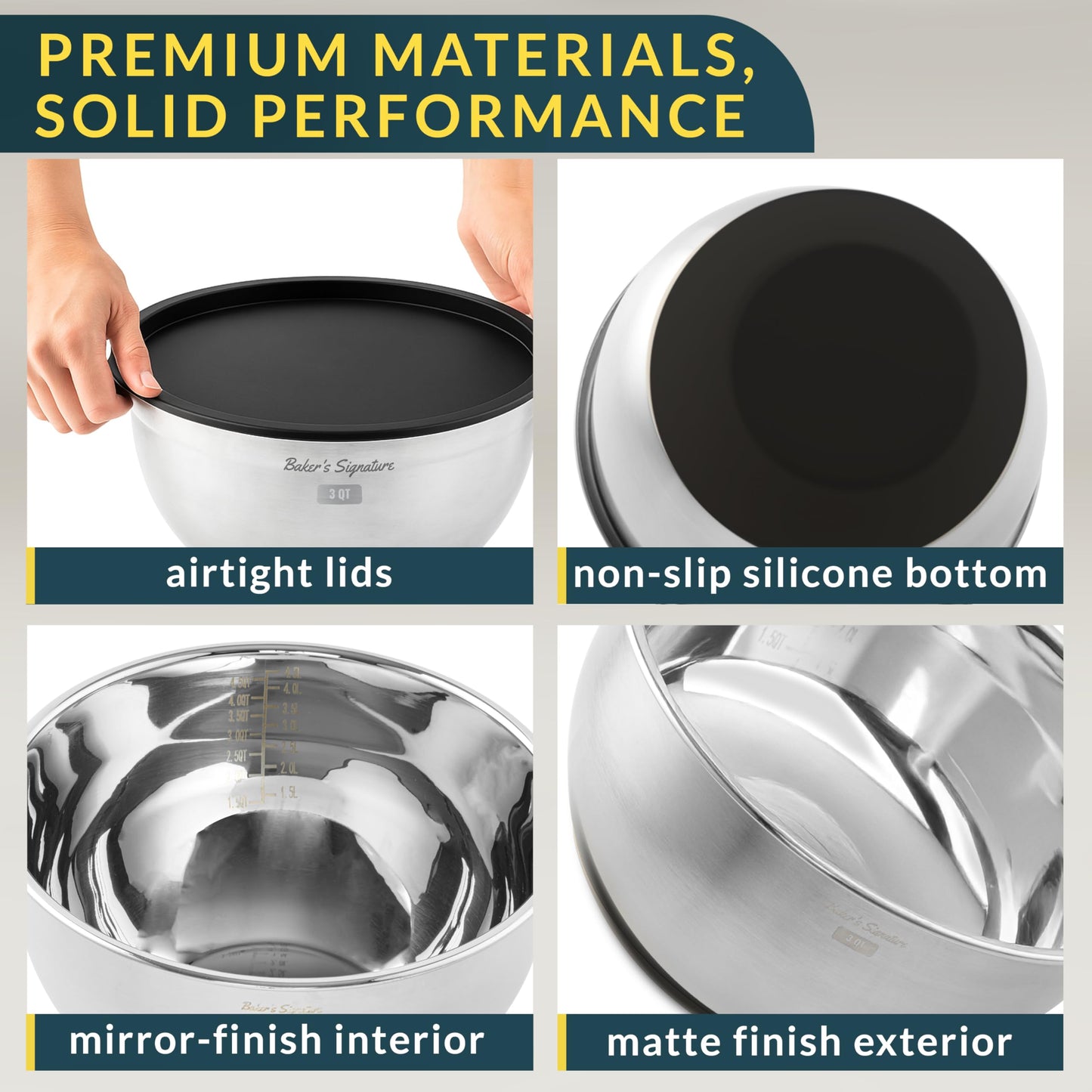 Stainless Steel Mixing Bowl Set with Lids, Graters & Non-Slip Base