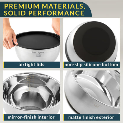 Stainless Steel Mixing Bowl Set with Lids, Graters & Non-Slip Base
