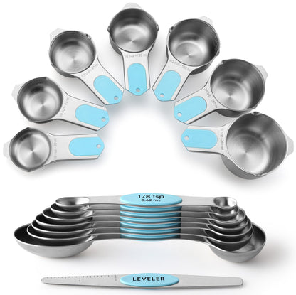 Stainless Steel Measuring Cups & Spoons Set with Magnetic Handles for Cooking