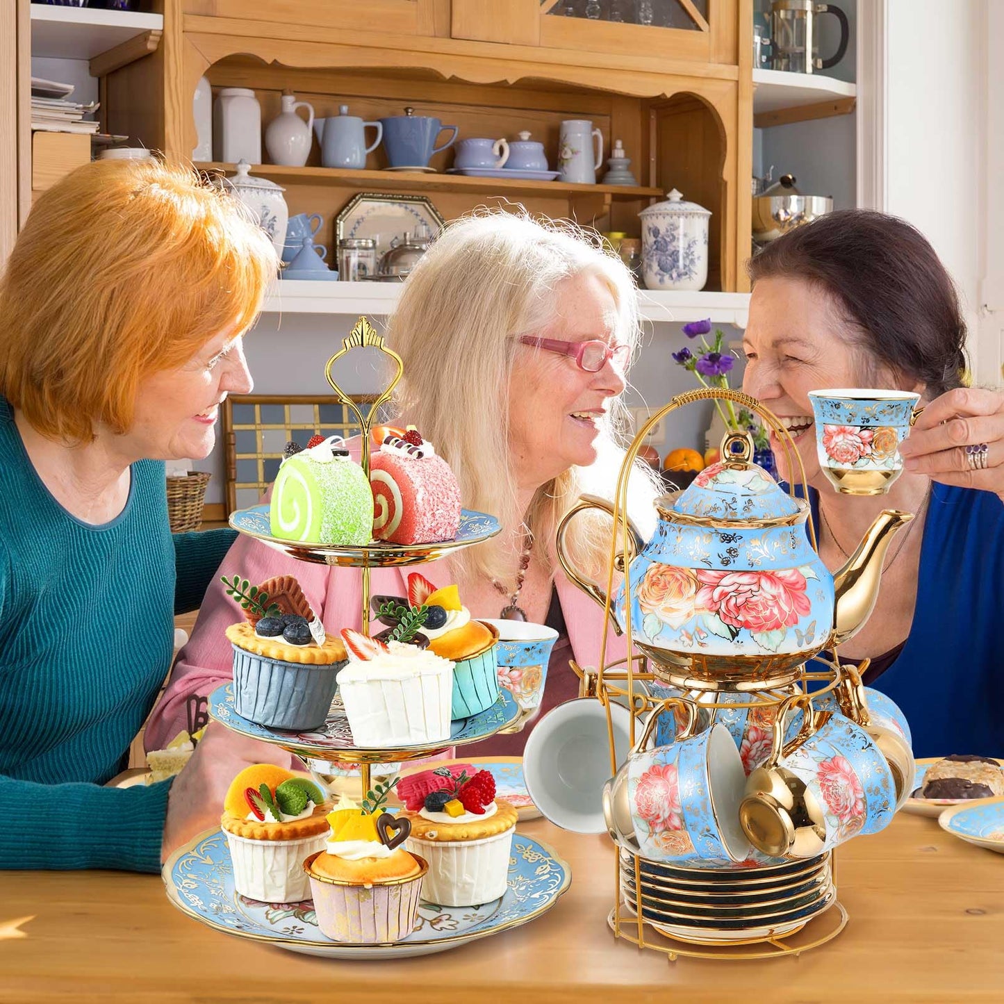21-Piece Porcelain Tea Set with Teapot, Cups & Cake Stand for Entertaining