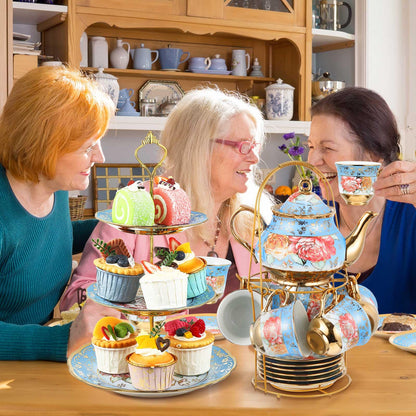 21-Piece Porcelain Tea Set with Teapot, Cups & Cake Stand for Entertaining
