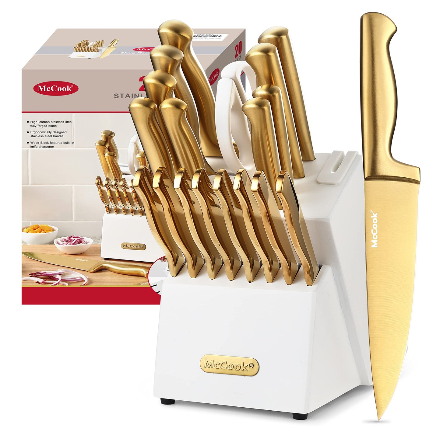 German Stainless Steel Kitchen Knife Set with Block and Built-In Sharpener