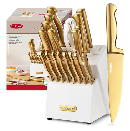 German Stainless Steel Kitchen Knife Set with Block and Built-In Sharpener