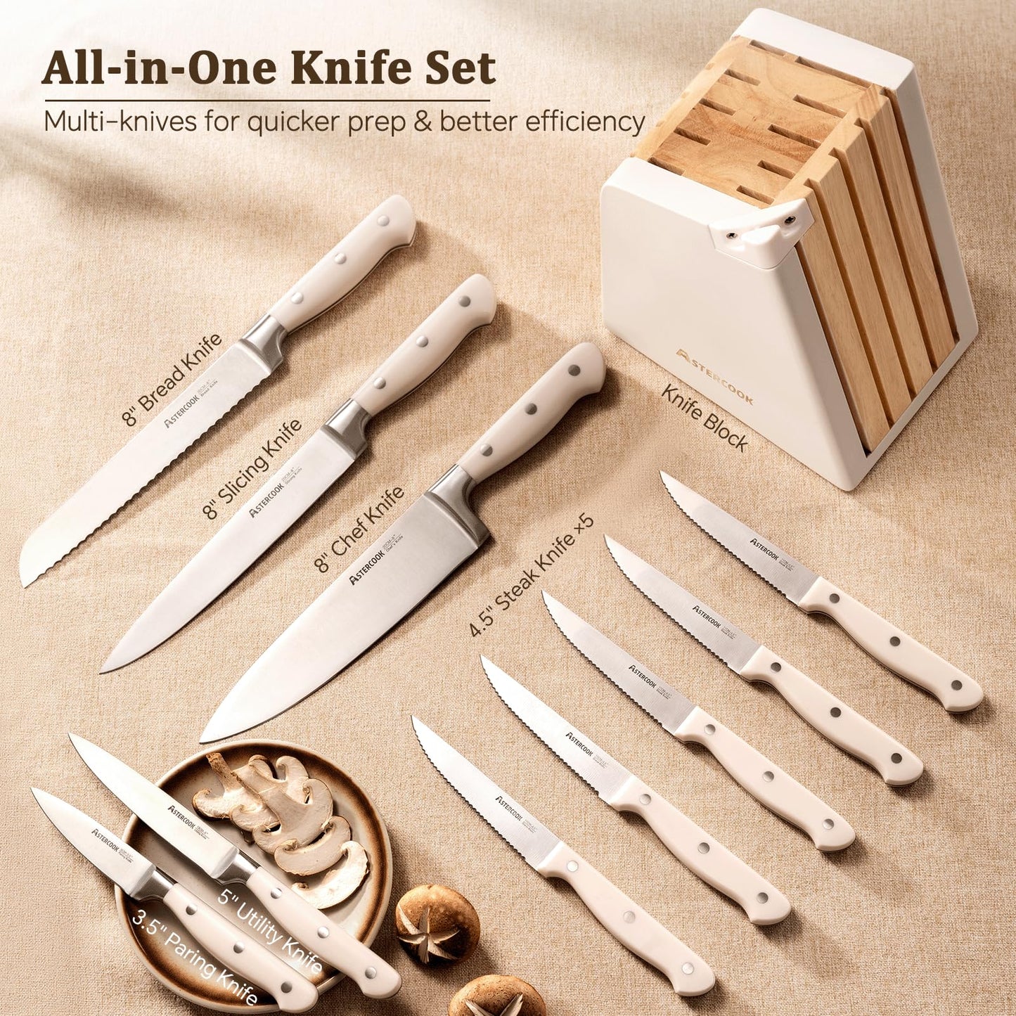 Kitchen Knife Set with Block, Full Tang Stainless Steel Knives & Sharpener