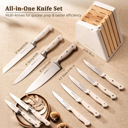 Kitchen Knife Set with Block, Full Tang Stainless Steel Knives & Sharpener