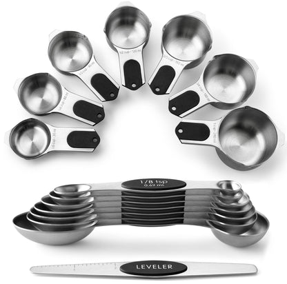 Stainless Steel Measuring Cups & Spoons Set with Magnetic Handles for Cooking