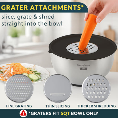 Stainless Steel Mixing Bowl Set with Lids, Graters & Non-Slip Base