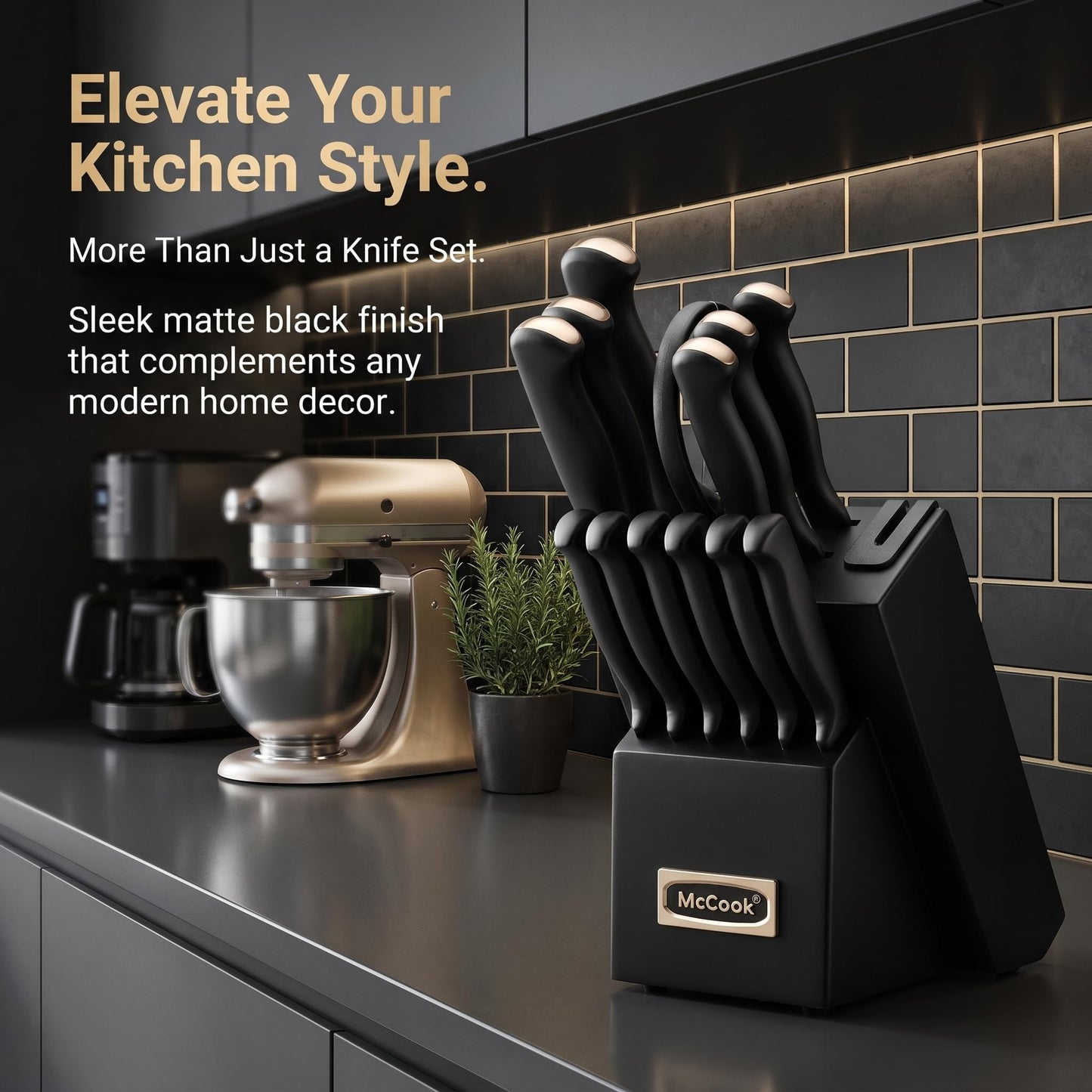 German Stainless Steel Kitchen Knife Set with Block and Built-In Sharpener