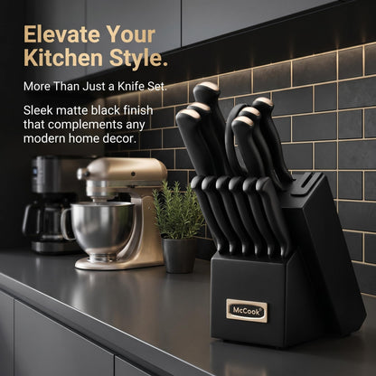 German Stainless Steel Kitchen Knife Set with Block and Built-In Sharpener