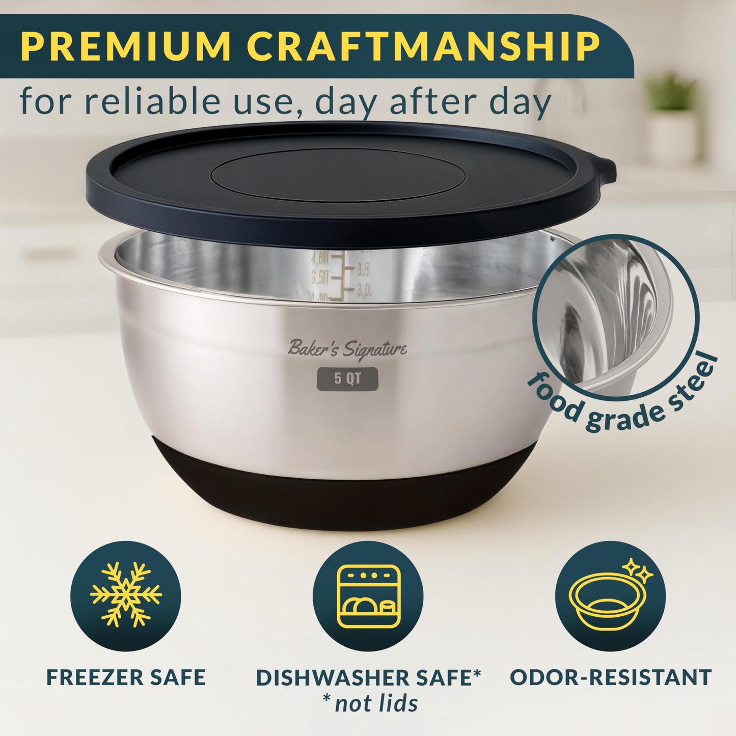 Stainless Steel Mixing Bowl Set with Lids, Graters & Non-Slip Base