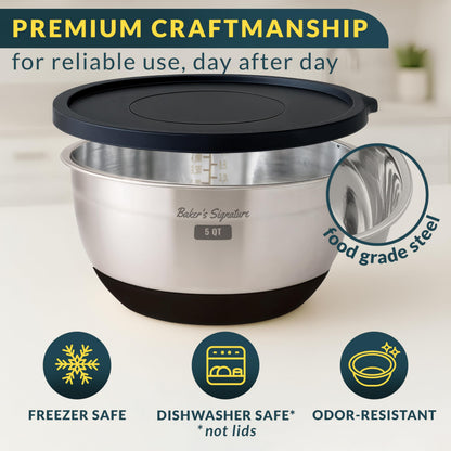 Stainless Steel Mixing Bowl Set with Lids, Graters & Non-Slip Base