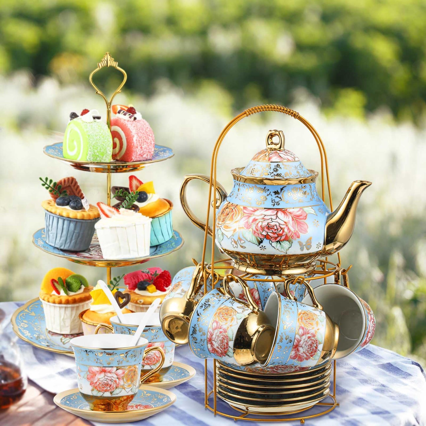 21-Piece Porcelain Tea Set with Teapot, Cups & Cake Stand for Entertaining