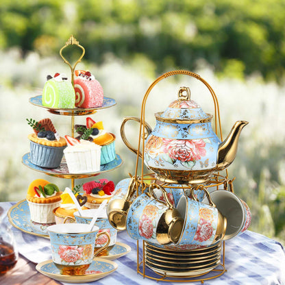 21-Piece Porcelain Tea Set with Teapot, Cups & Cake Stand for Entertaining