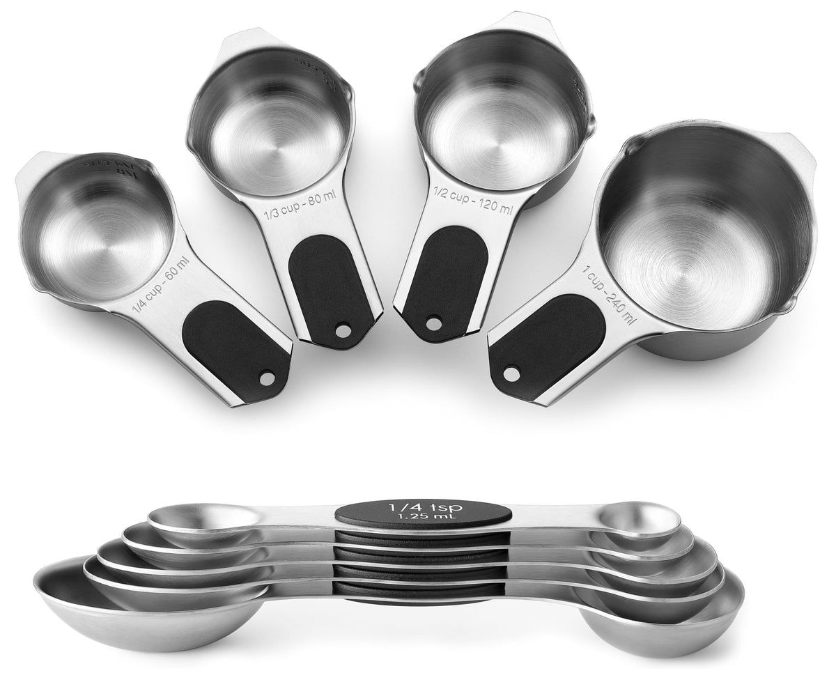 Stainless Steel Measuring Cups & Spoons Set with Magnetic Handles for Cooking