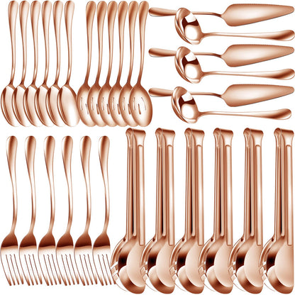 30-Piece Stainless Steel Serving Utensils Set with Spoons, Forks & Tongs