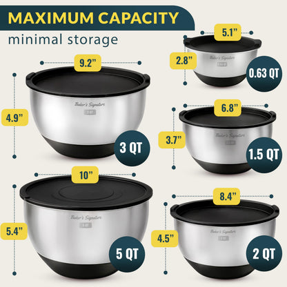 Stainless Steel Mixing Bowl Set with Lids, Graters & Non-Slip Base