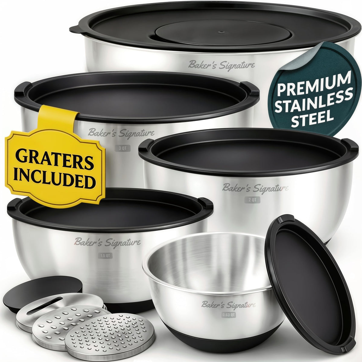 Stainless Steel Mixing Bowl Set with Lids, Graters & Non-Slip Base