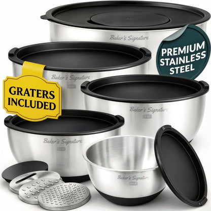Stainless Steel Mixing Bowl Set with Lids, Graters & Non-Slip Base
