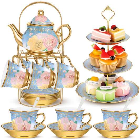 21-Piece Ceramic Teapot Set with Cups, Saucers & Serving Stand for Parties
