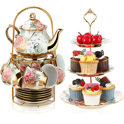 21-Piece Porcelain Tea Set with Teapot, Cups & Cake Stand for Entertaining