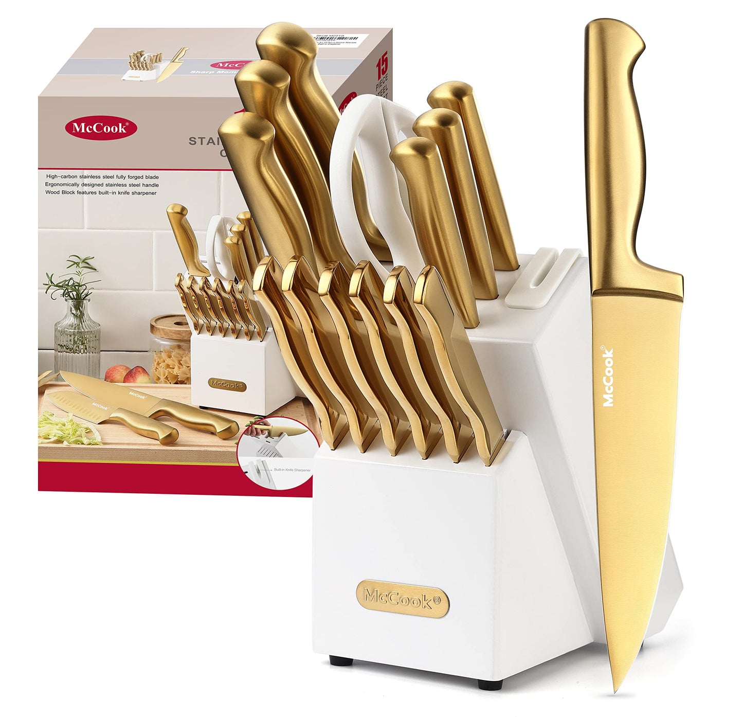 German Stainless Steel Kitchen Knife Set with Block and Built-In Sharpener