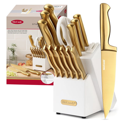 German Stainless Steel Kitchen Knife Set with Block and Built-In Sharpener
