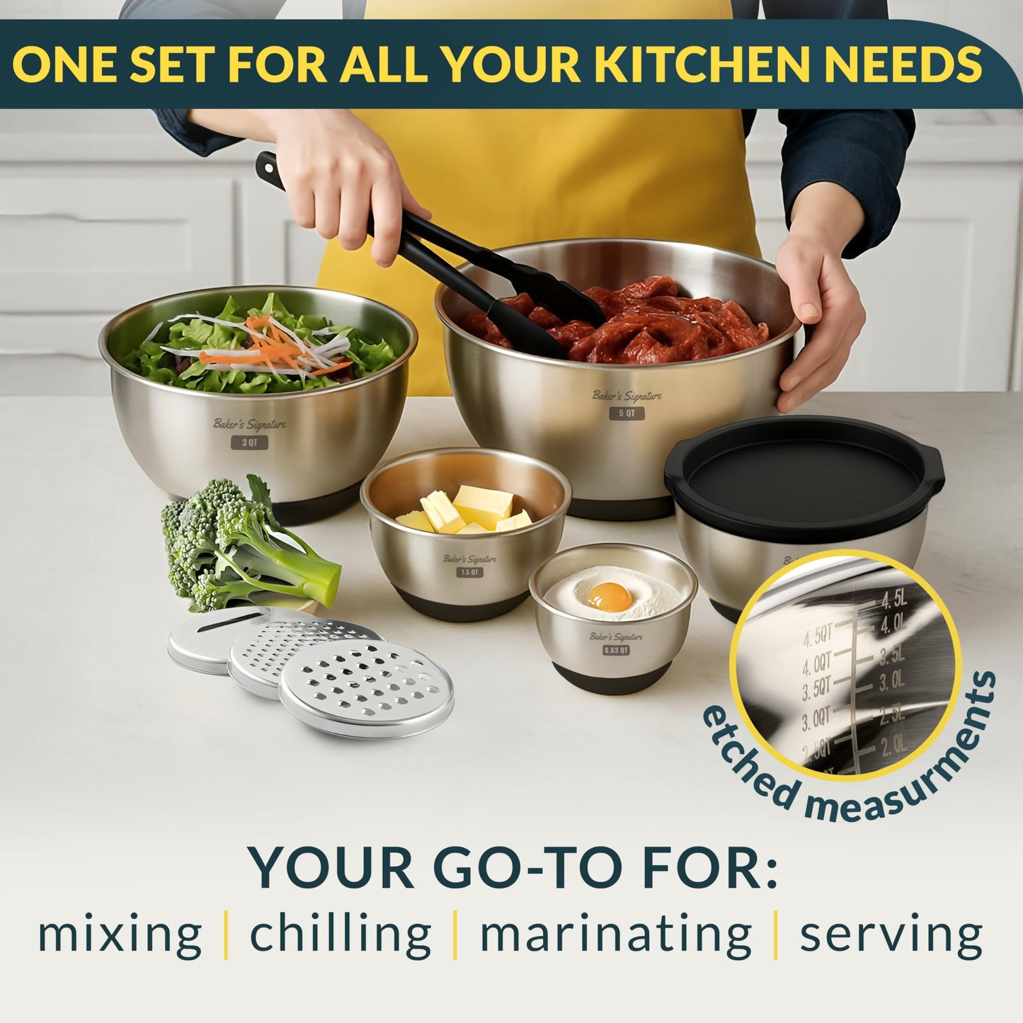 Stainless Steel Mixing Bowl Set with Lids, Graters & Non-Slip Base