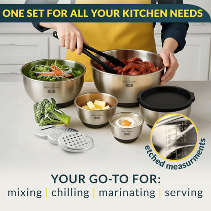 Stainless Steel Mixing Bowl Set with Lids, Graters & Non-Slip Base