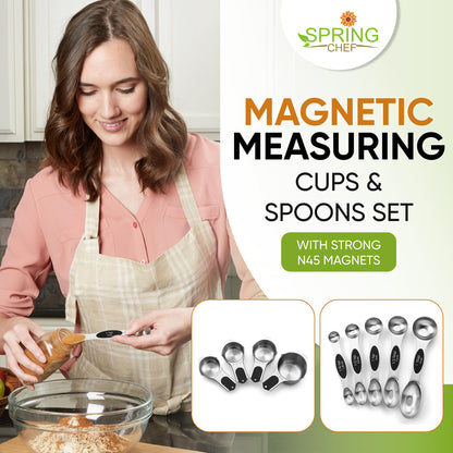 Stainless Steel Measuring Cups & Spoons Set with Magnetic Handles for Cooking