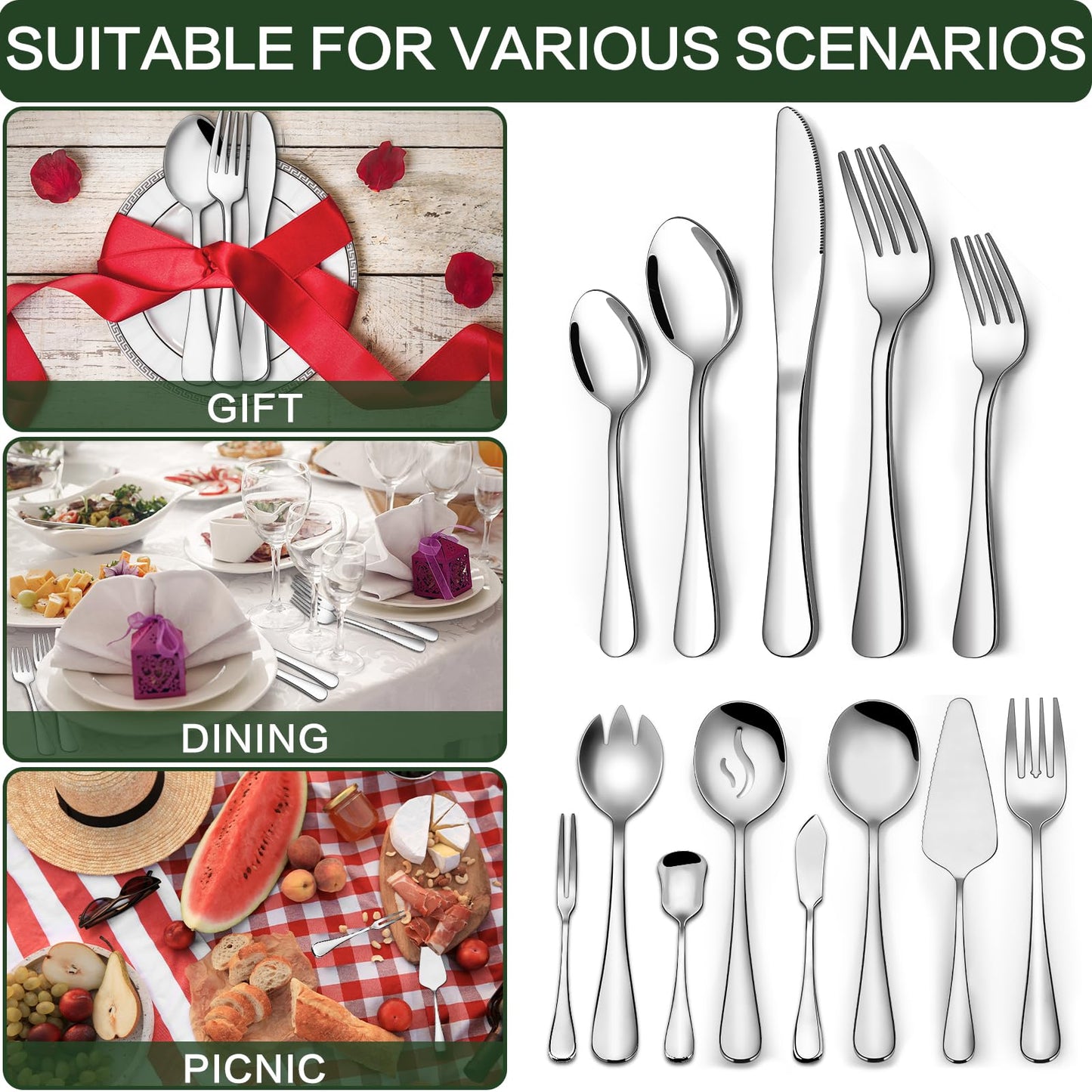 Stainless Steel Flatware Set with Steak Knives for Home & Dining